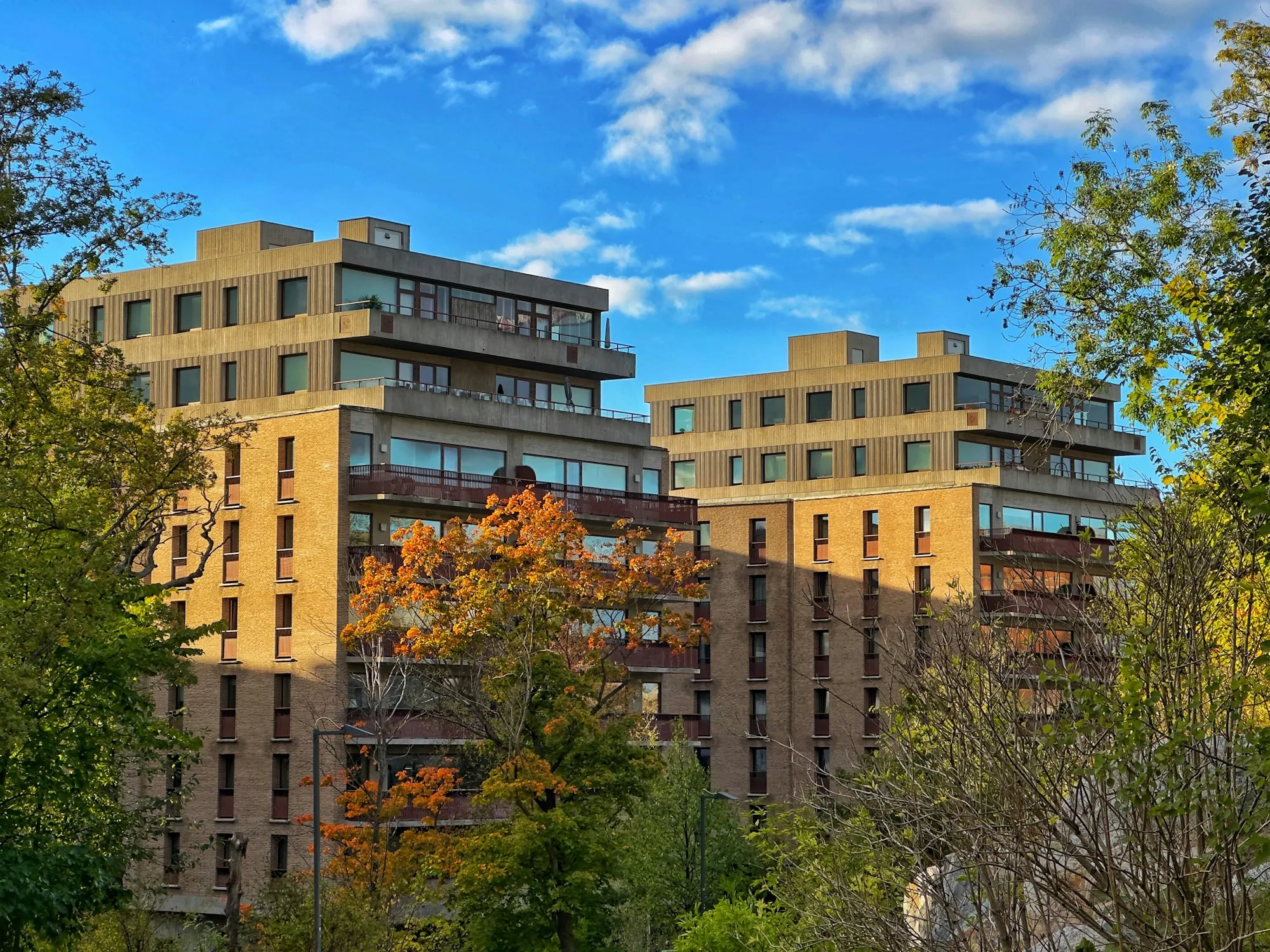 Mid-rise apartment buildings with balconies and autumn trees